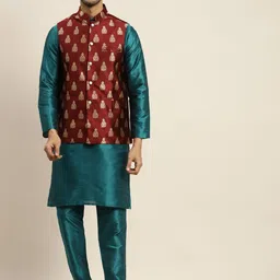 SOJANYA Men Teal Kurta with Churidar & Nehru Jacket-18