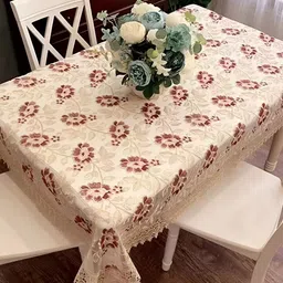 TANLOOMS Beige & Maroon Floral Embroidery Anti-Skid 2-Seater Tissue Table Cover-21