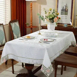 MONKDECOR Peach & White Floral Embroidered Satin Table Cover-26