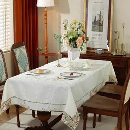 TANLOOMS White Floral Embroidered Anti-Skid 8-Seater Table Cover-image-15