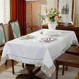 MONKDECOR Maroon & White Floral Embroidered Satin Table Cover-image-21