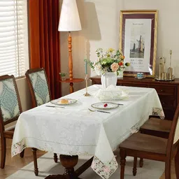 MONKDECOR Pink & White Floral Embroidered Satin Table Cover-image-46