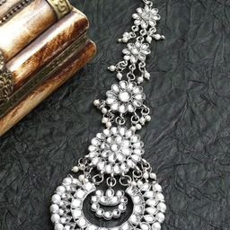 KARATCART Silver-Plated White Kundan-Studded & Beaded Oxidized Maangtikka-image-72