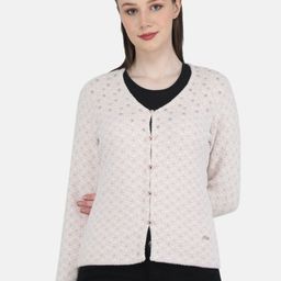 Monte Carlo Women Pink & Off White Cable Knit Fuzzy Detail Wool Cardigan-image-77