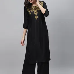 AURELIA Women Black & Golden Zari Embroidered Yoke Design Satin Finish Kurta with Palazzos-picture-9