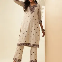 Anouk Beige Ethnic Motifs Embroidered Regular Thread Work Pure Cotton Kurta With Trousers-picture-16