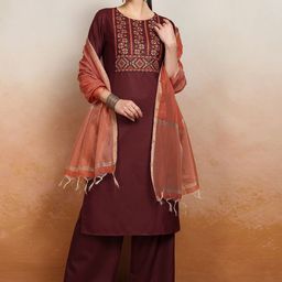 Vishudh Embroidered Rund Neck Straight Kurta & Palazzos With Dupatta-20
