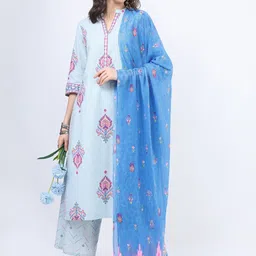 Vishudh Women Blue Floral Printed Pure Cotton Kurta with Palazzos & With Dupatta-picture-20