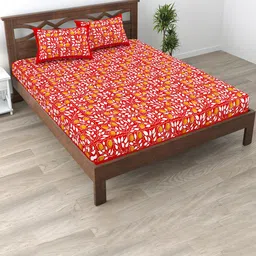 Aura Red & Yellow Floral Printed Pure Cotton 120 TC Queen Bedsheet Set 2.35 x 2.15m-33