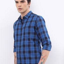 HIGHLANDER Blue Tartan Checks Slim Fit Casual Shirt-image-33