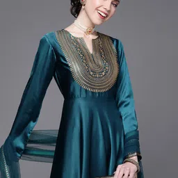 Inddus Women Teal Yoke Design Satin Anarkali Kurta-picture-30