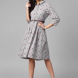 Sangria Women Grey & Rust Orange Printed Shirt Dress-picture-8