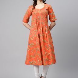 Biba Women Orange & Yellow Floral Print A-Line Kurta-27
