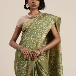 Taavi Ethnic Motifs Zari Handloom Block Print Saree-image-27