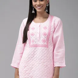 ADA Pink & White Ethnic Motifs Embroidered Chikankari Kurti-picture-11