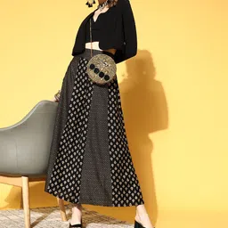 Juniper Women Black & Golden Ethnic Motifs Printed Flared Palazzos-image-61