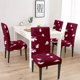 Cortina Set Of 4 Maroon & White Floral Printed Chair Covers-12
