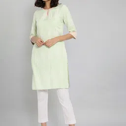 W Women Green Ethnic Motifs Keyhole Neck Chikankari Kurta-22