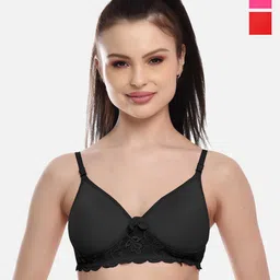 FIMS Red & Pink & Black Lace Lightly Padded Bras Pack of 3-image-43