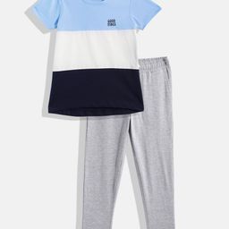 HERE&NOW Boys Blue & Grey Melange Colourblocked Night suit-image-35