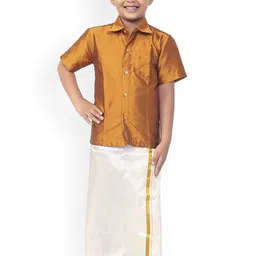 Thangamagan Boys Mustard Orange & White Solid Shirt and Veshti-picture-4