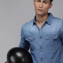 The Roadster Lifestyle Co Men Blue Regular Fit Faded Opaque Pure Cotton Casual Denim Shirt with Pockets-image-74