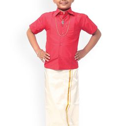 Thala-thalapathy Boys Red & Off- White Solid Shirt with Veshti & Gift Set-19