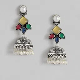 AITIHYA Silver-Plated Dome Shaped Beads & Stones Oxidised Jhumkas-19