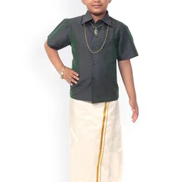 Thala-thalapathy Boys Green & Cream-Coloured Solid Shirt with Veshti & Gift Set-30