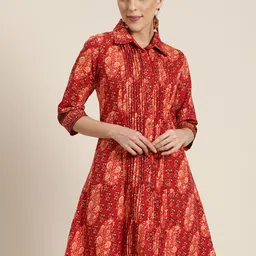Juniper Women Red Ethnic Motifs Printed A-Line Kurta-image-11