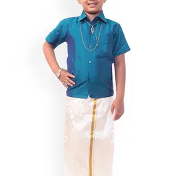 Thala-thalapathy Boys Blue & Off-White Solid Shirt with Veshti & Gift-picture-13