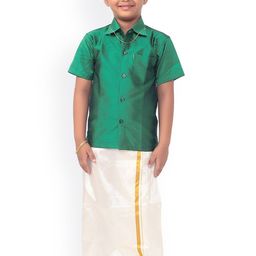 Thangamagan Boys Green & White Solid Shirt and Veshti-10