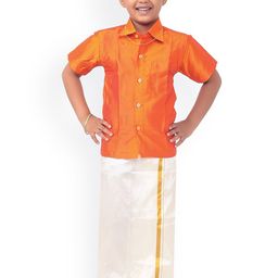 Thangamagan Boys Orange & Off-White Solid Shirt and Veshti-image-22