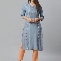 W Women Blue & Black Printed Straight Kurta-picture-14