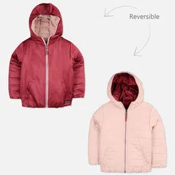Cherry Crumble Kids Peach & Maroon Solid Reversible Puffer Jacket-picture-56