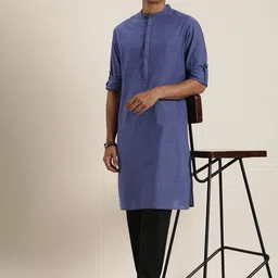 Taavi Pure Cotton Solid Band Collar Nagari weaves Kurta with Trousers-image-9