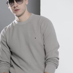 Tommy Hilfiger Men Grey Organic Cotton Self-Design Sweater-picture-9