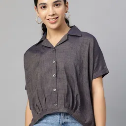 Cottinfab Navy Blue Extended Sleeves Shirt Style Top-image-59