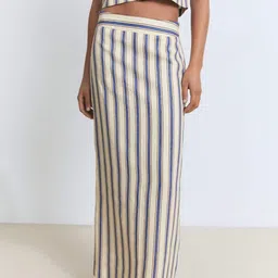 MANGO Striped Back Slit Linen Straight Maxi Skirt-picture-44