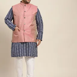 SOJANYA PLUS Men Navy Blue Embroidered Kurta with Churidar Comes with a Nehru Jacket-picture-17
