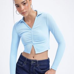 glitchez City Chic Ribbed Ruched Front Slit Crop Top-image-54