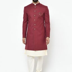 KISAH Men Maroon & Beige Solid Sherwani Set-image-89