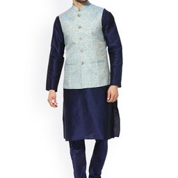KISAH Men Blue Solid Kurta with Churidar and Nehru Jacket-18