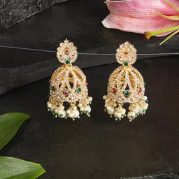 Zaveri Pearls Gold-Plated Dome Shaped Austrian Diamond Stone Studded & Beaded Jhumkas-1