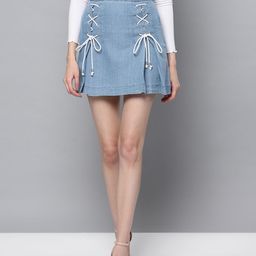 STREET 9 Blue Denim Pleated Mini A-Line Pure Cotton Skirt-picture-54