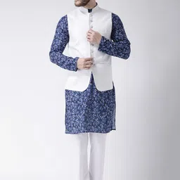 Hangup Men Navy Blue & White Printed Kurta with Pyjamas & Nehru Jacket-picture-34