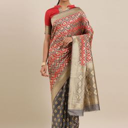 Mitera Grey & Red Woven Design Kanjeevaram Half & Half Saree-image-83