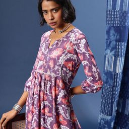 Taavi Floral Print Sanganeri Keyhole Neck Puff Sleeve Fit & Flare Midi Dress-image-20