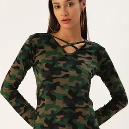 VEIRDO Women Olive Green & Black Camouflage Print V-Neck Criss-Cross T-shirt-picture-12