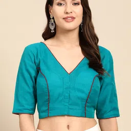 tantkatha Kalamkari Hand Painted Padded Chanderi Silk Saree Blouse-picture-32